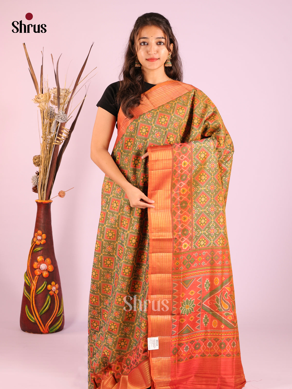 Green & Brick- Semi Patola Saree