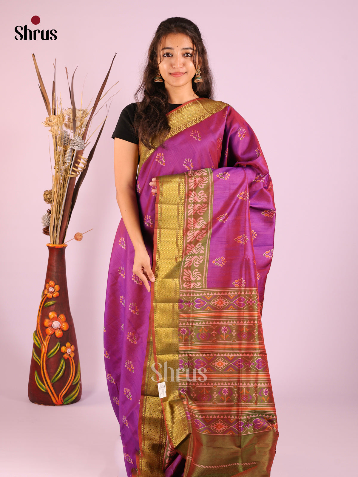Purple & Green - Semi Patola Saree