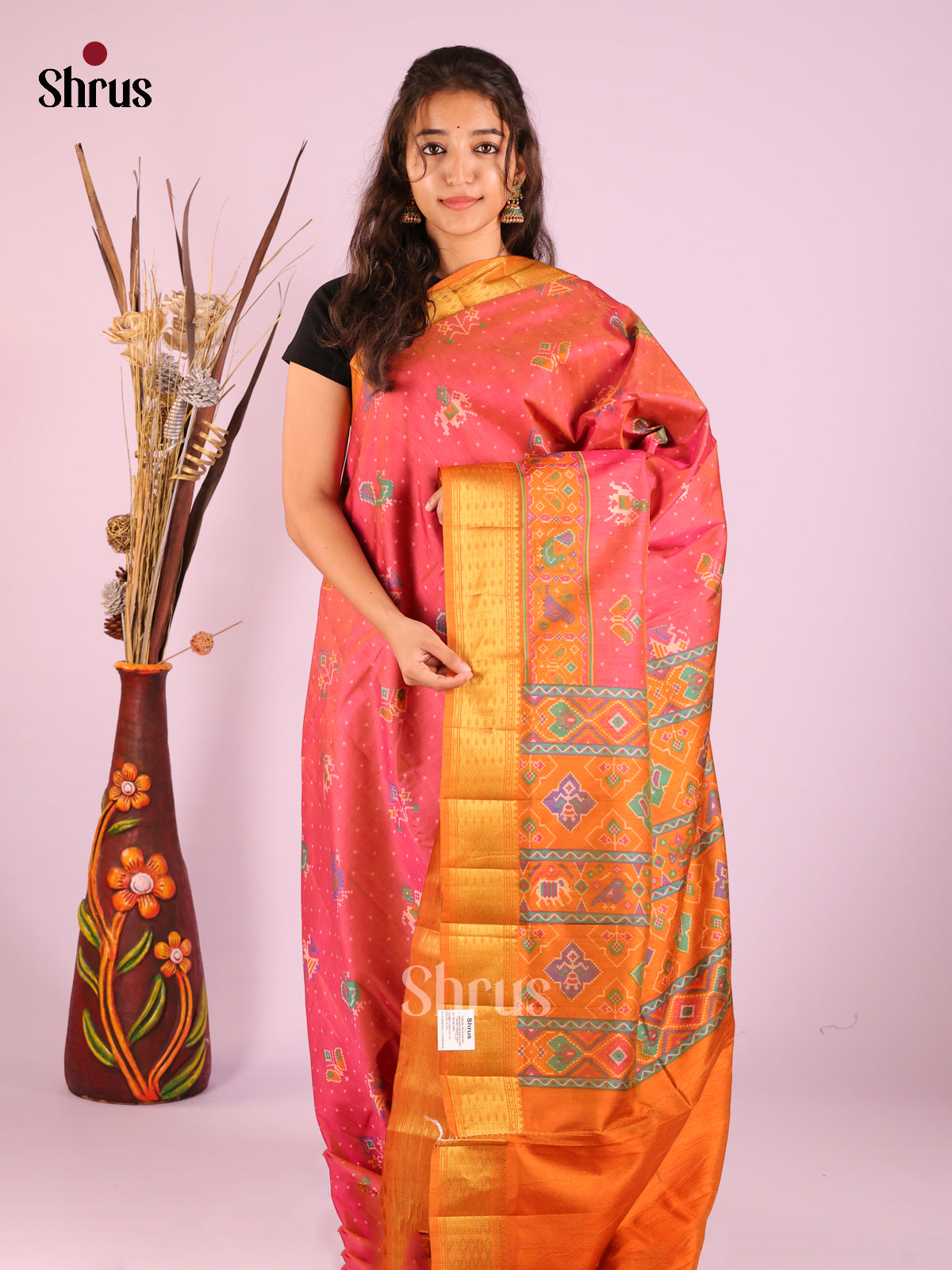 Orangish PInk & Brick - Semi Patola Saree