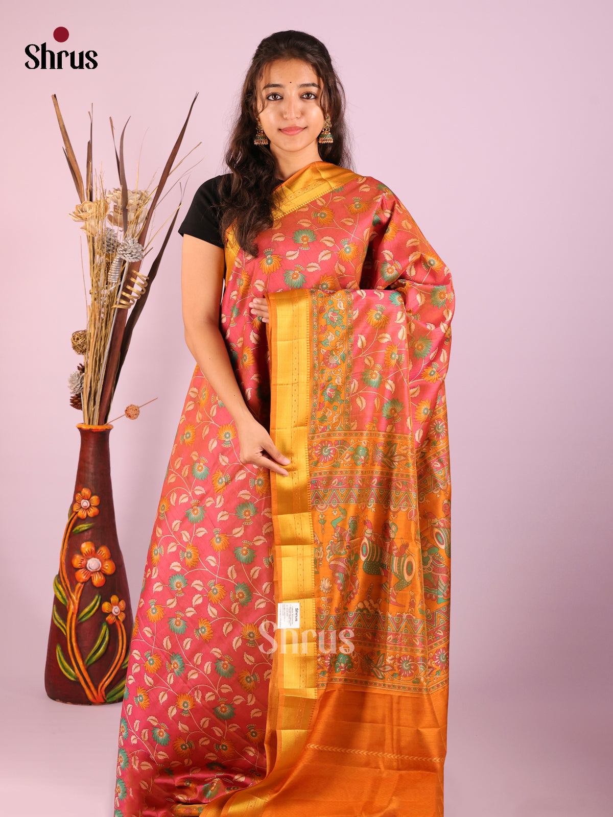 Orangish PInk & Brick - Semi Patola Saree