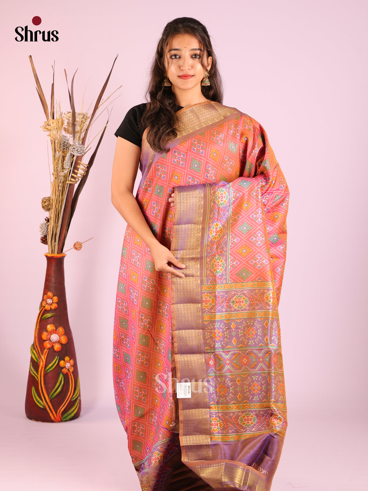 Orangish Pink & Purple - Semi Patola Saree