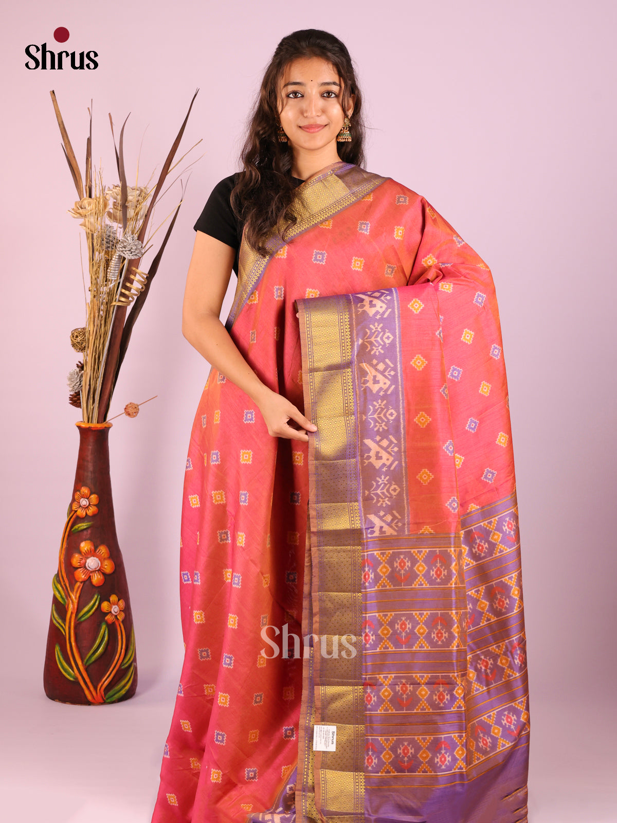 Orangish PInk & Purple- Semi Patola Saree
