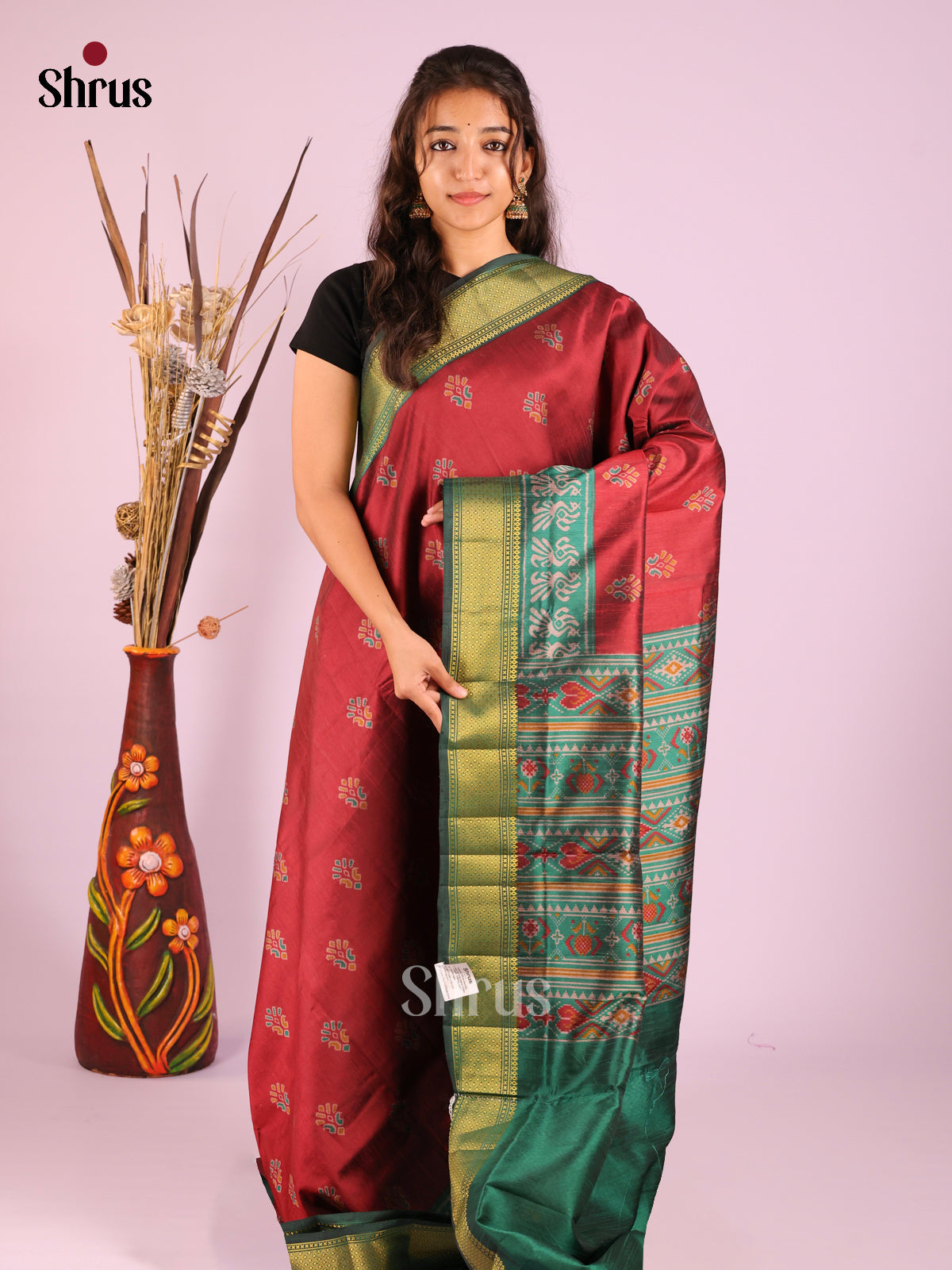 Maroon & Green - Semi Patola Saree