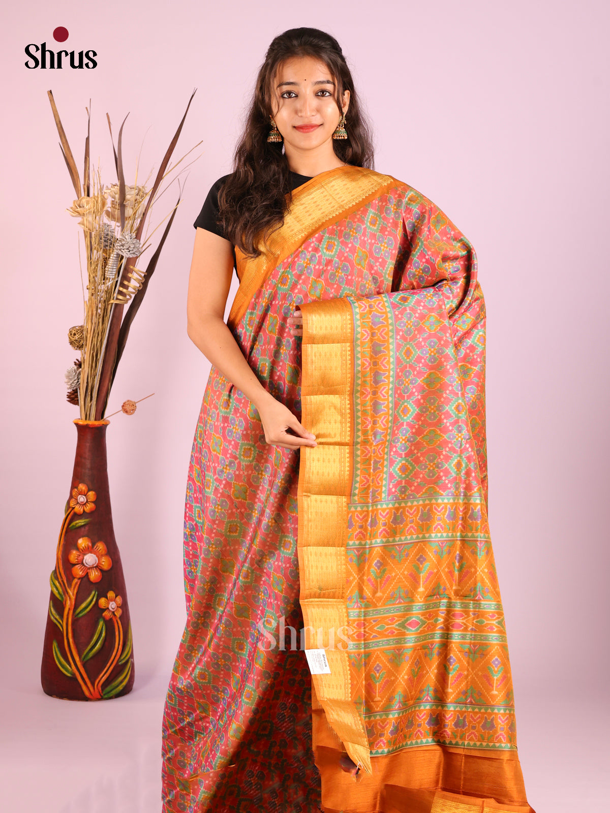 Orangish Pink & Brick - Semi Patola Saree