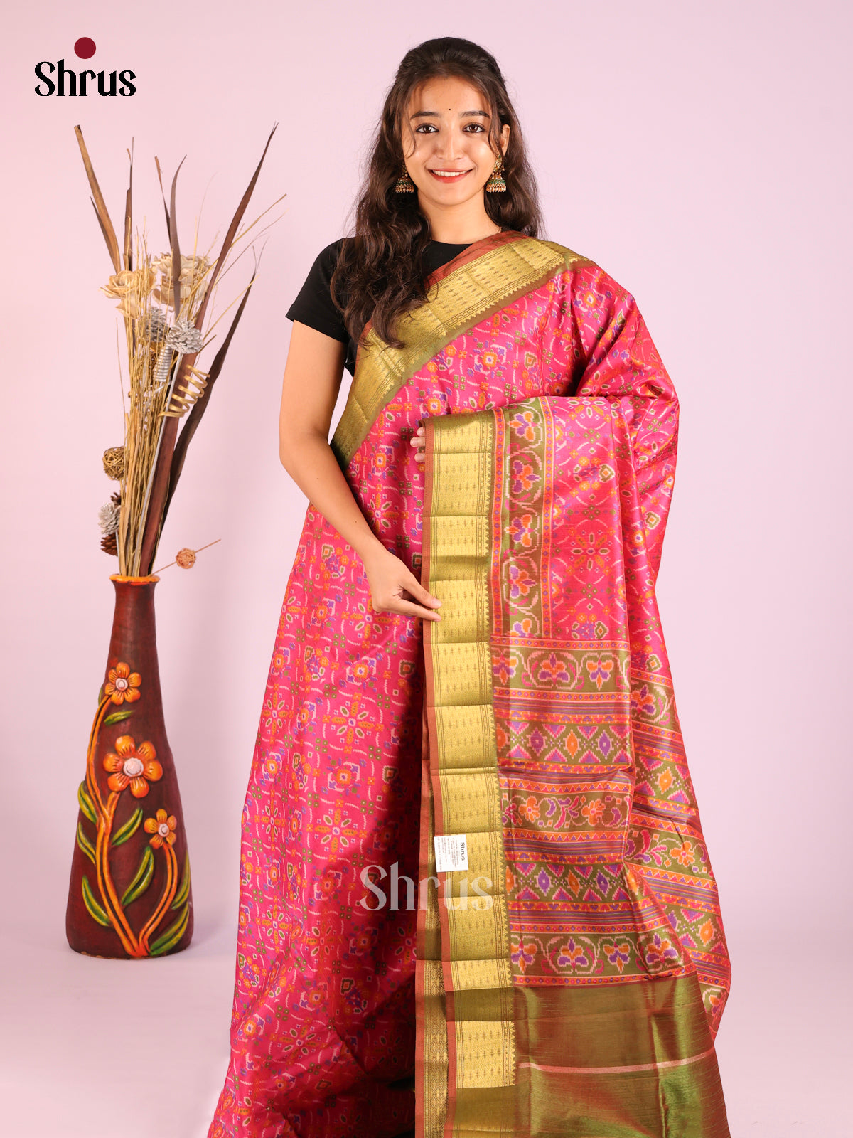 Pink & Green - Semi Patola Saree