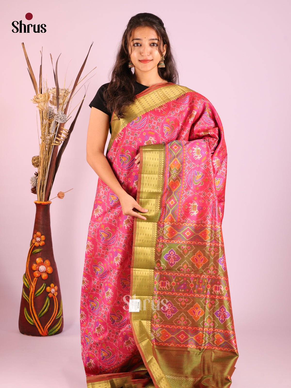 Pink & Green - Semi Patola Saree