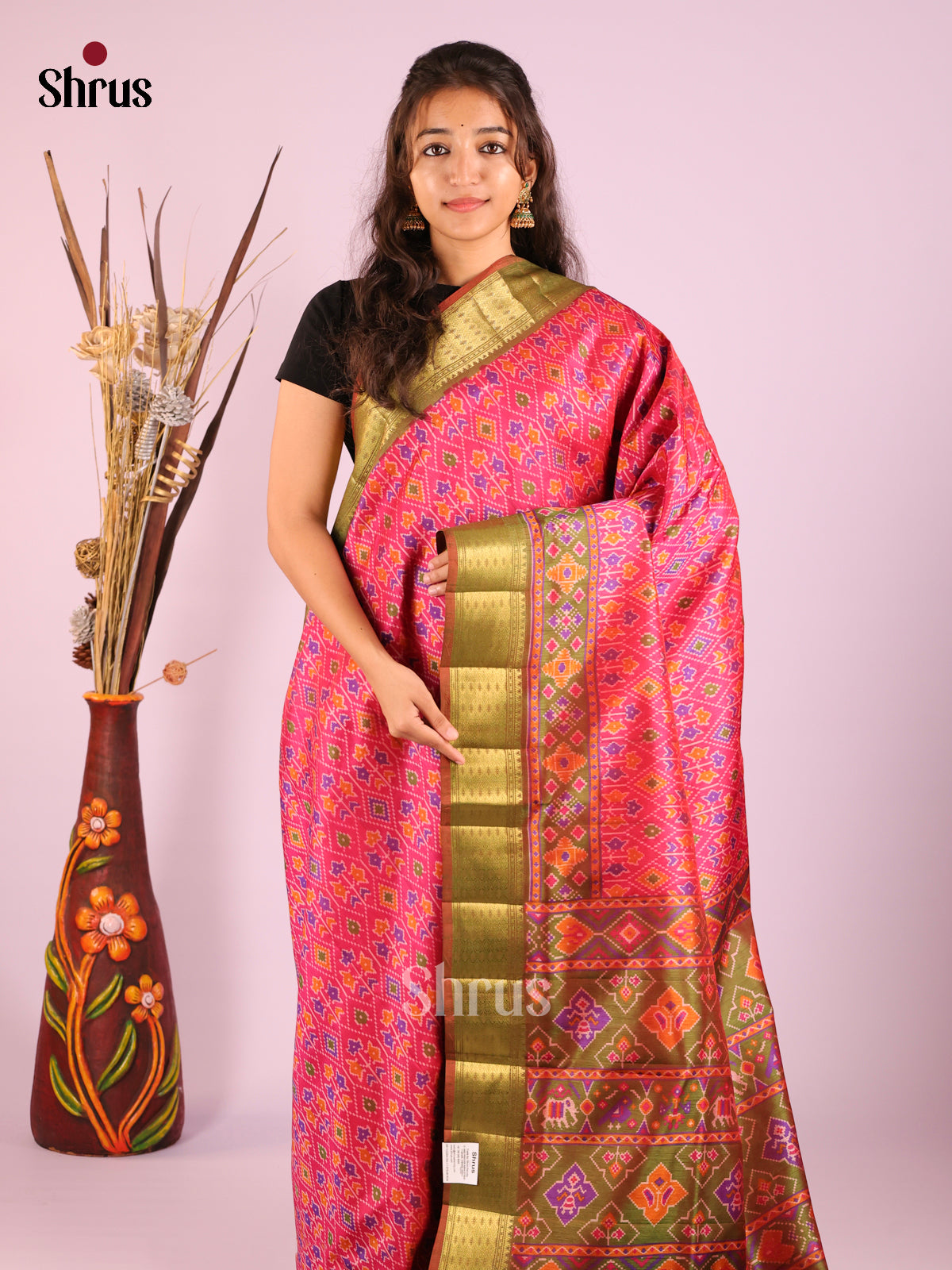 Pink & Green- Semi Patola Saree