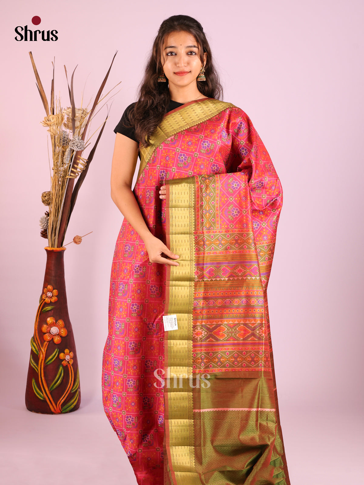 Orangish Pink & Green - Semi Patola Saree
