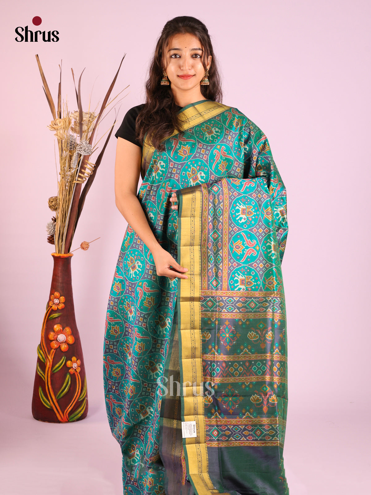 Green & Dark Green- Semi Patola Saree