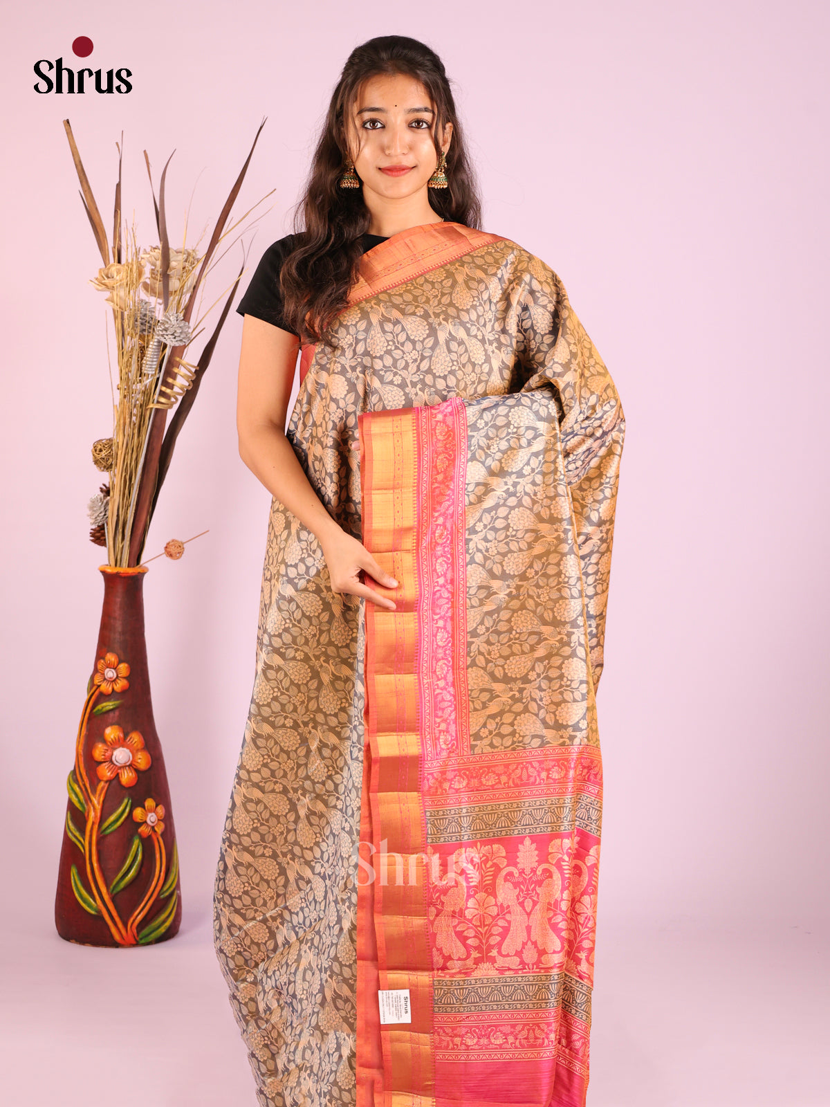 Grey & Orangish Pink - Semi Patola Saree