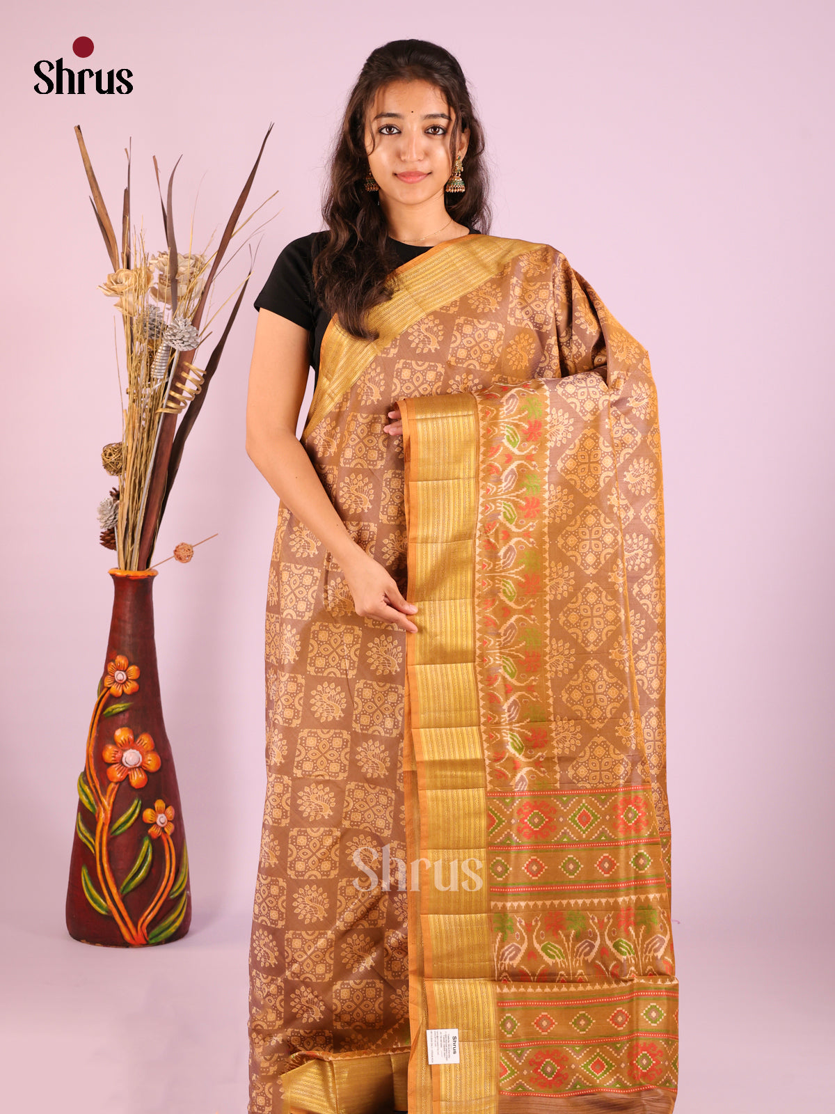 Beige - Semi Patola Saree