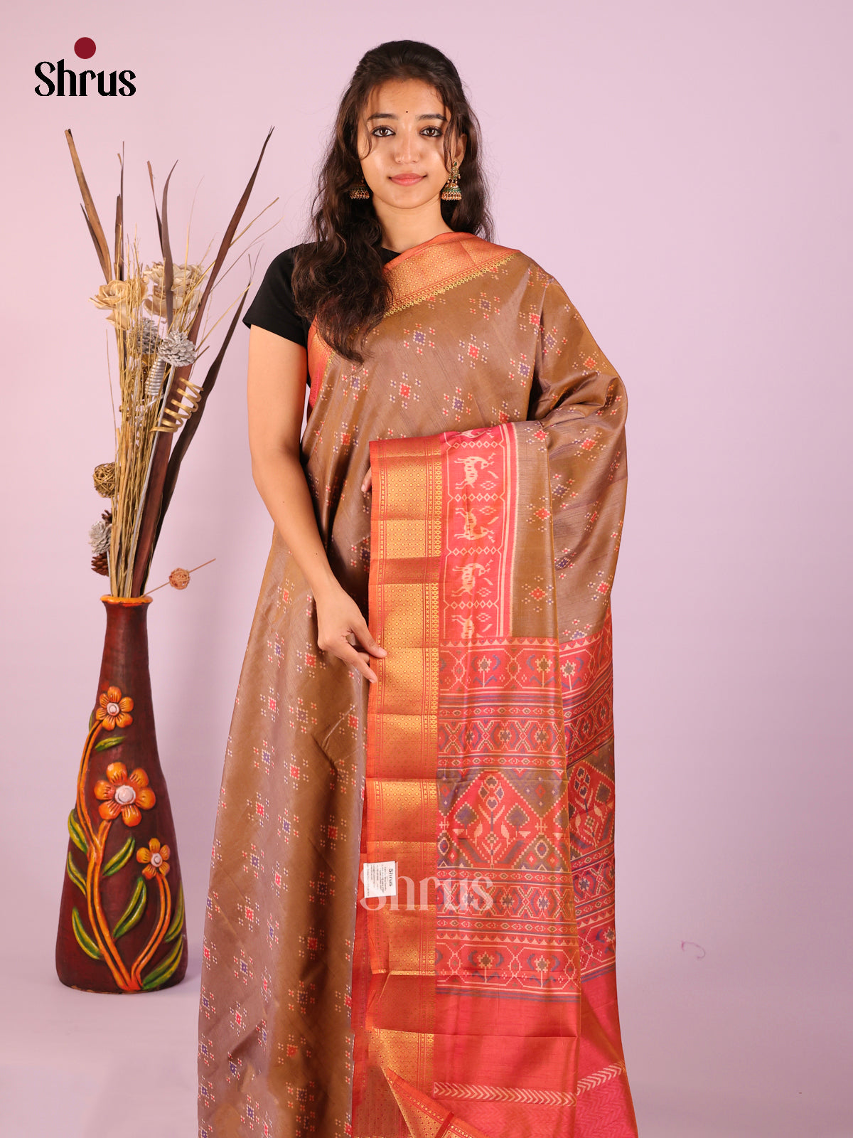 Brown & Orangish Pink- Semi Patola Saree