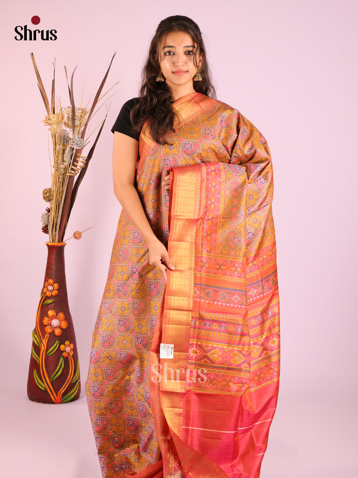 Grey & Orange - Semi Patola Saree