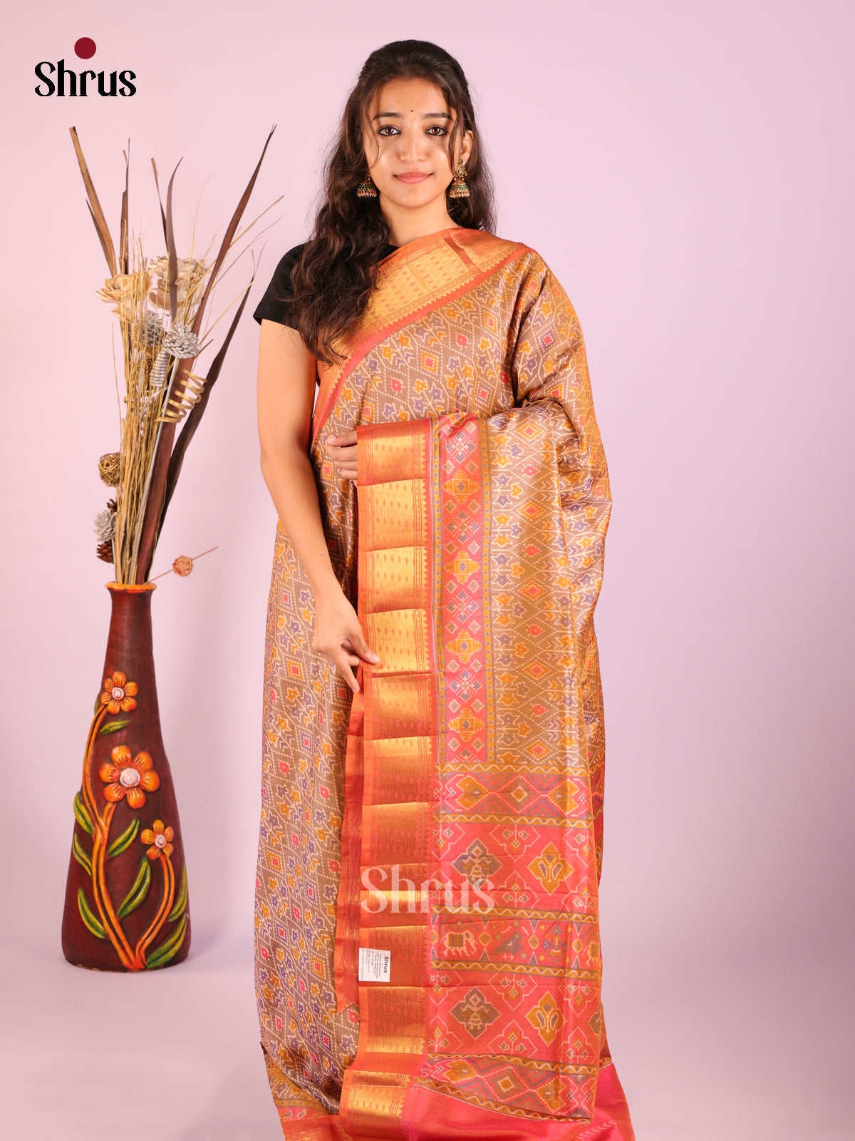 Light Brown & Orange - Semi Patola Saree
