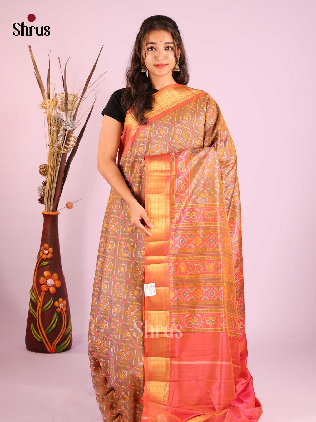 Light Brown & Orange - Semi Patola Saree