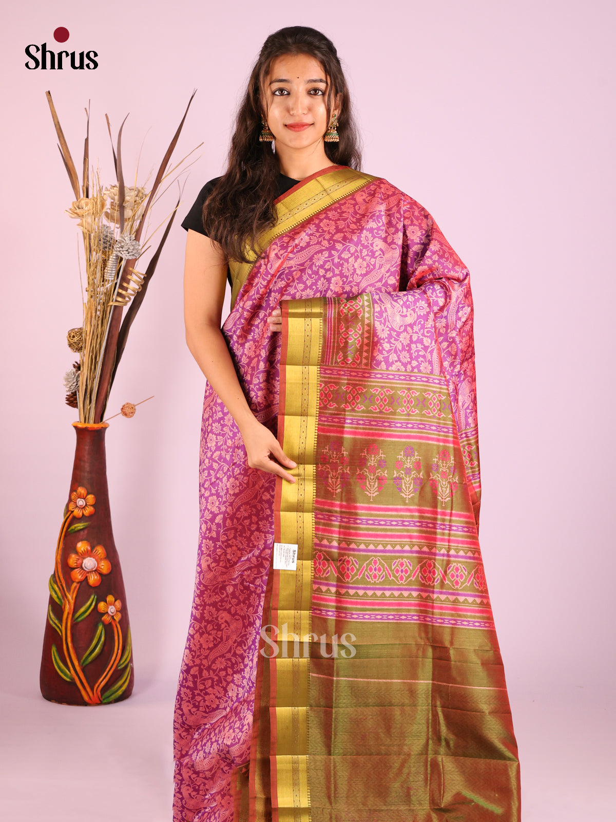 Purple & Green - Semi Patola Saree