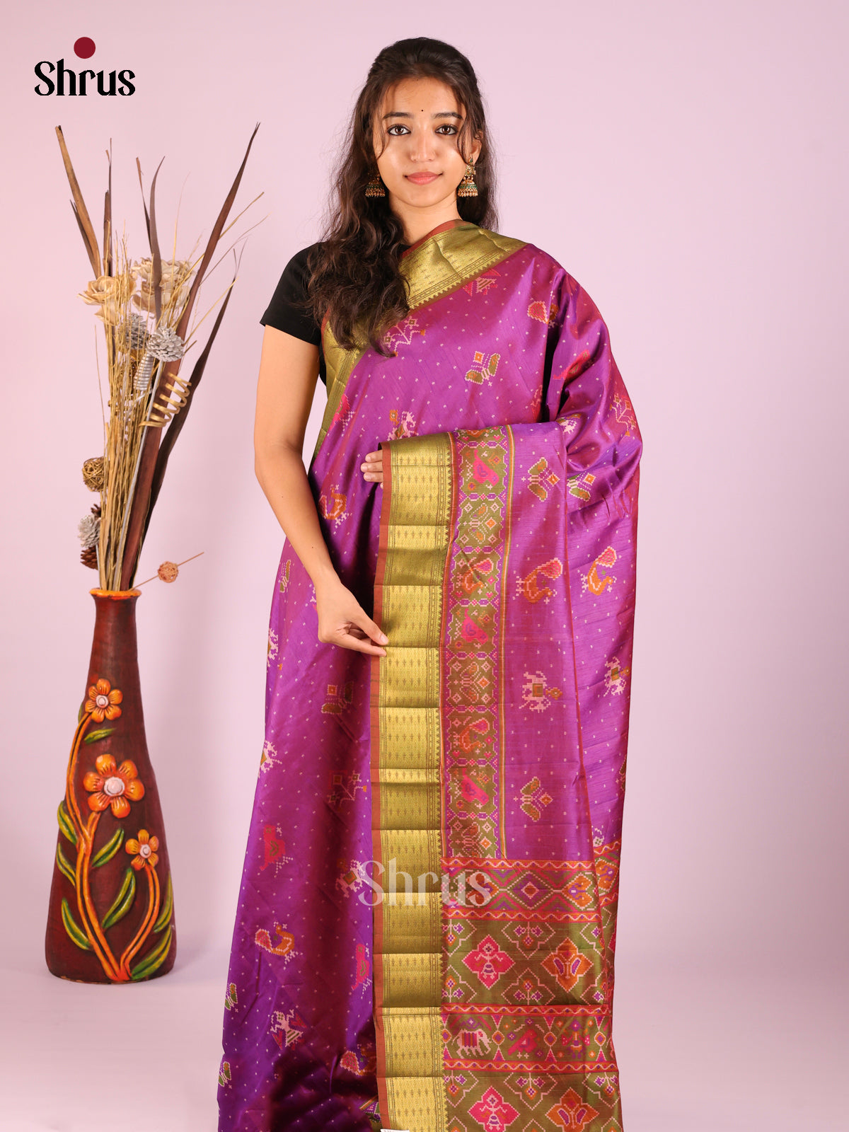 Purple & Green - Semi Patola Saree