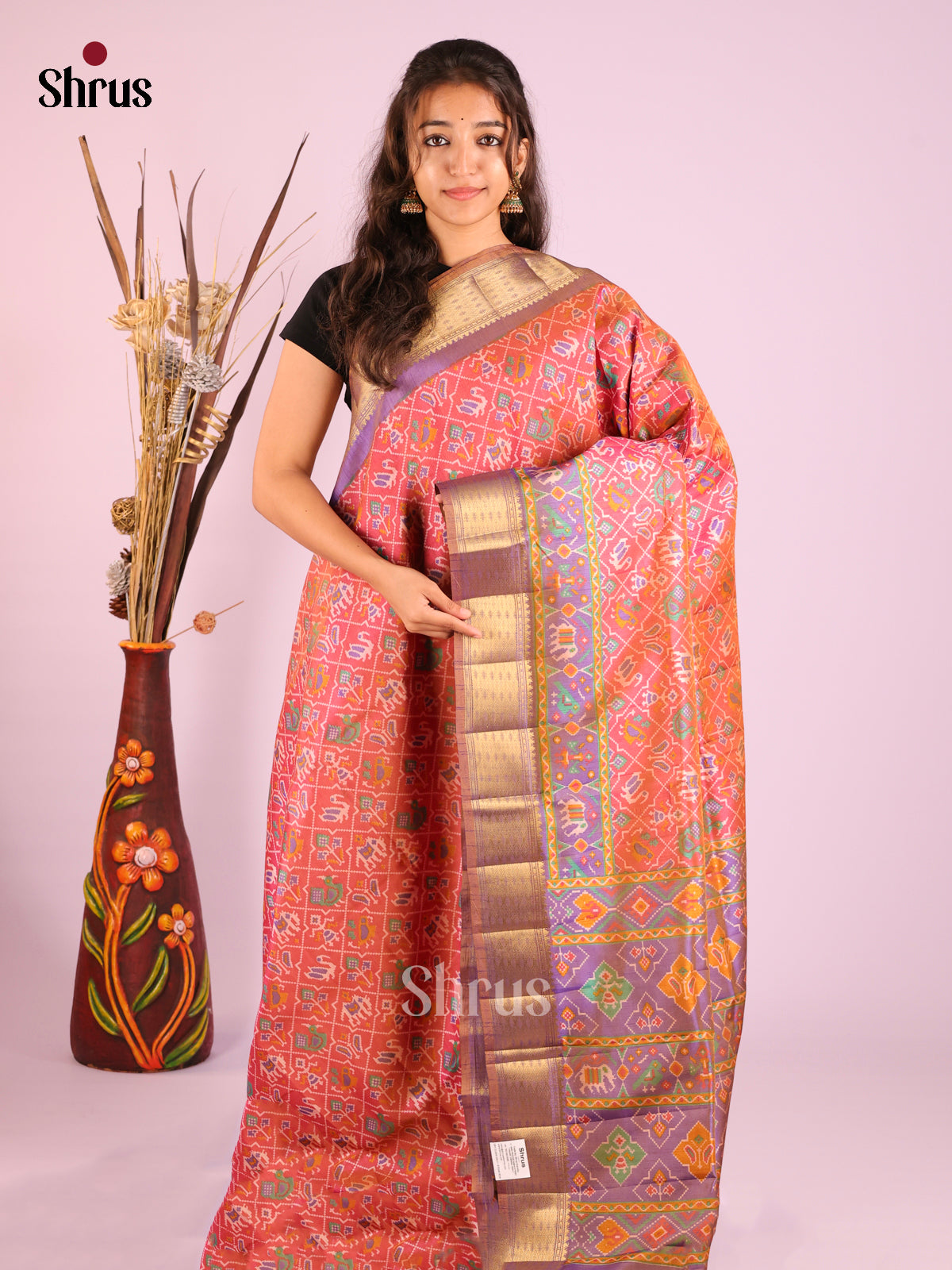 Orangish Pink & Purple- Semi Patola Saree