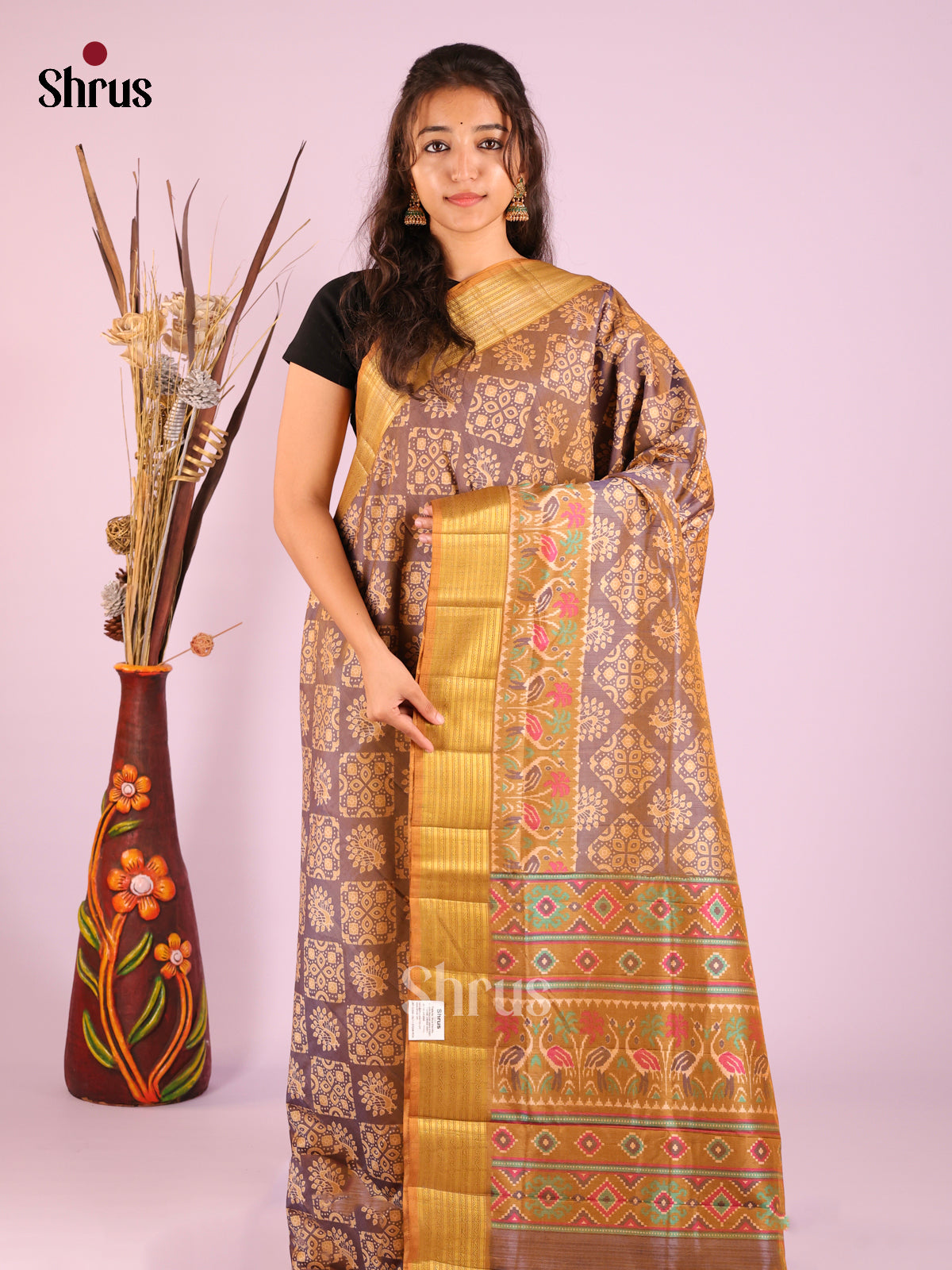 Purple & Mustard - Semi Patola Saree