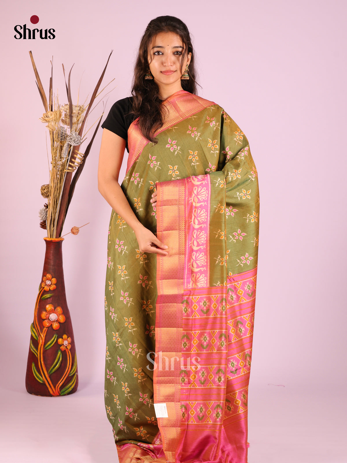 Green & Pink - Semi Patola Saree