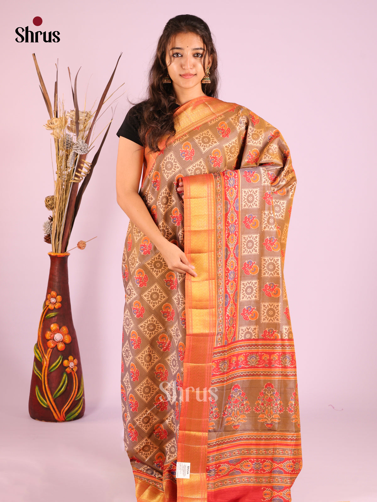 Grey & Orange - Semi Patola Saree