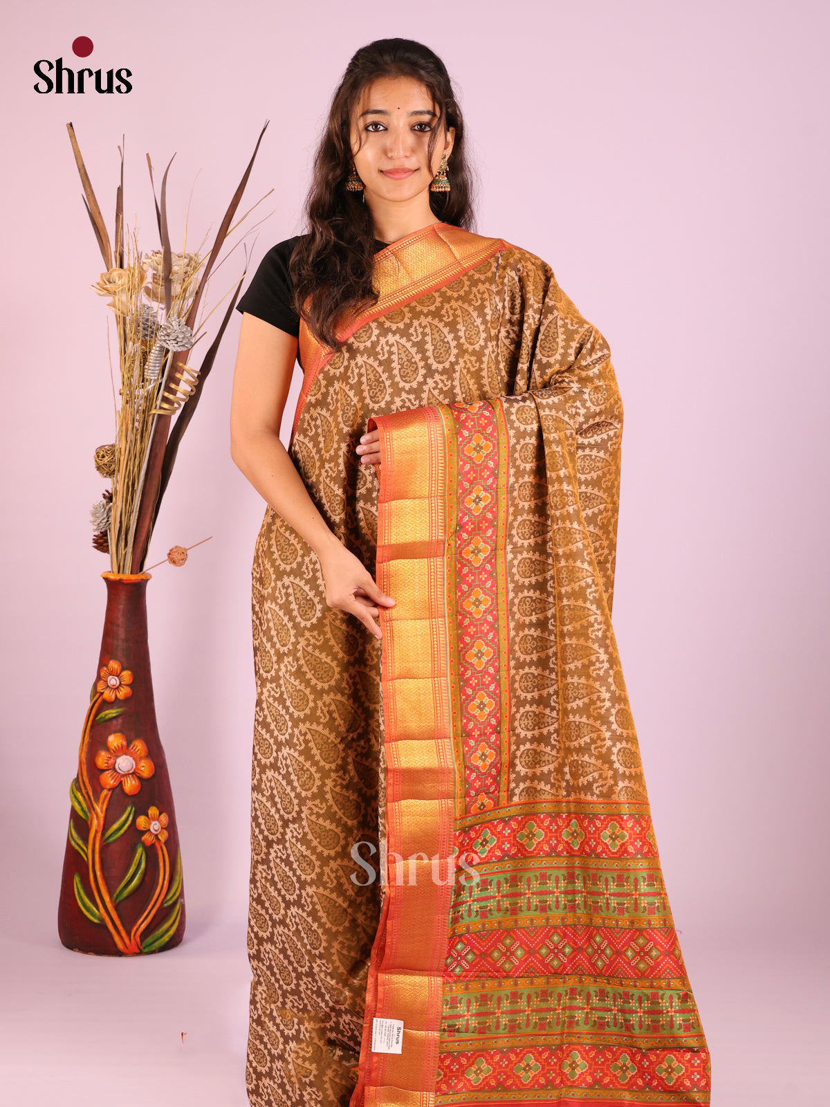 Brown & Orange - Semi Patola Saree