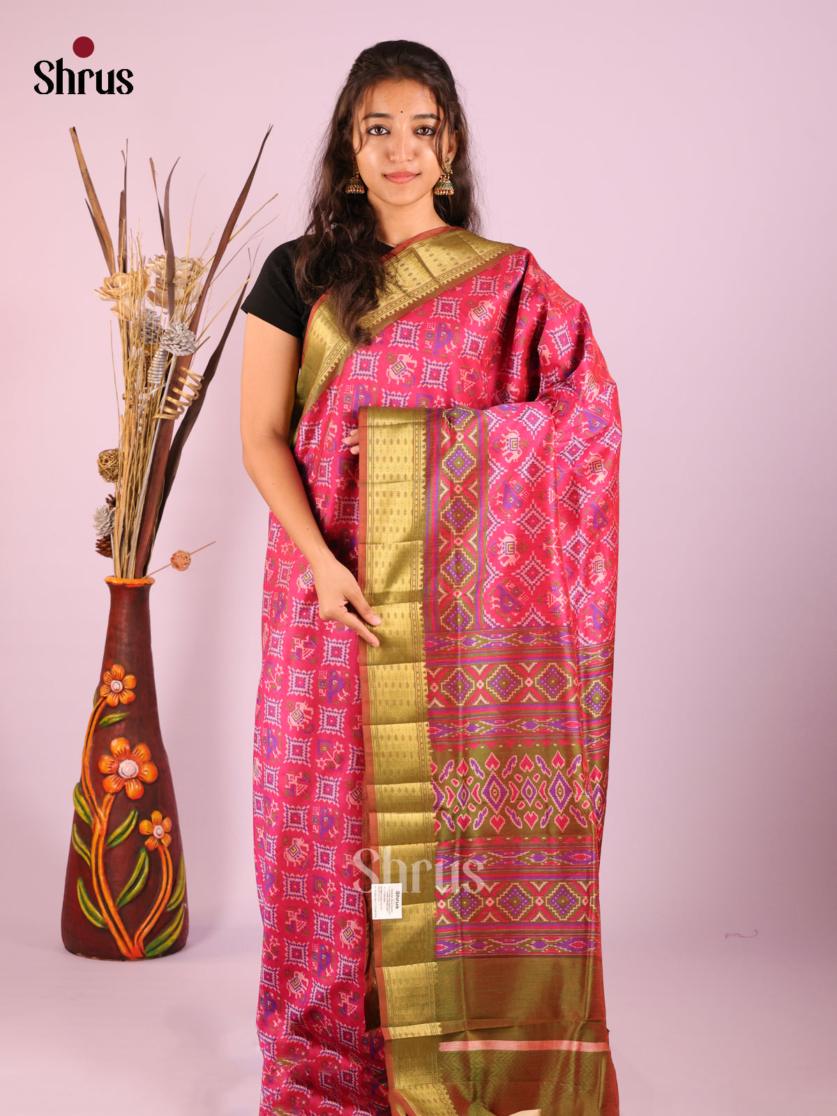 Pink & Green- Semi Patola Saree
