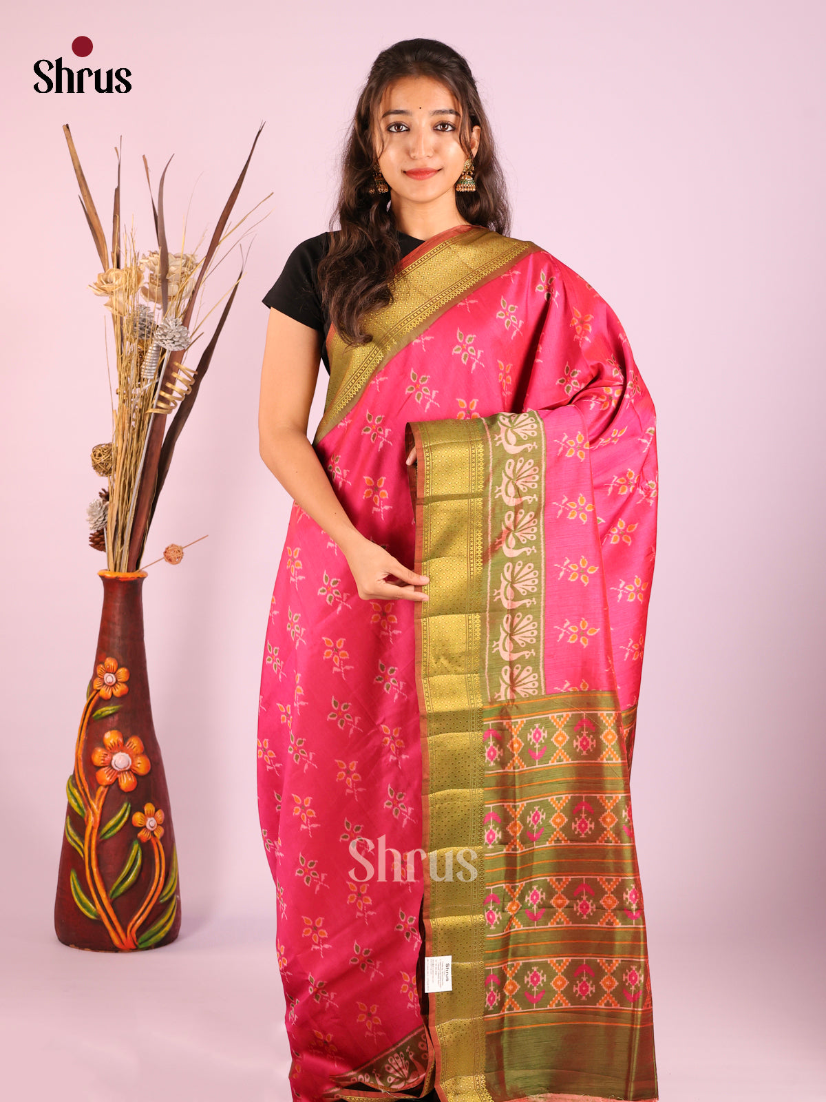 Pink & Green- Semi Patola Saree