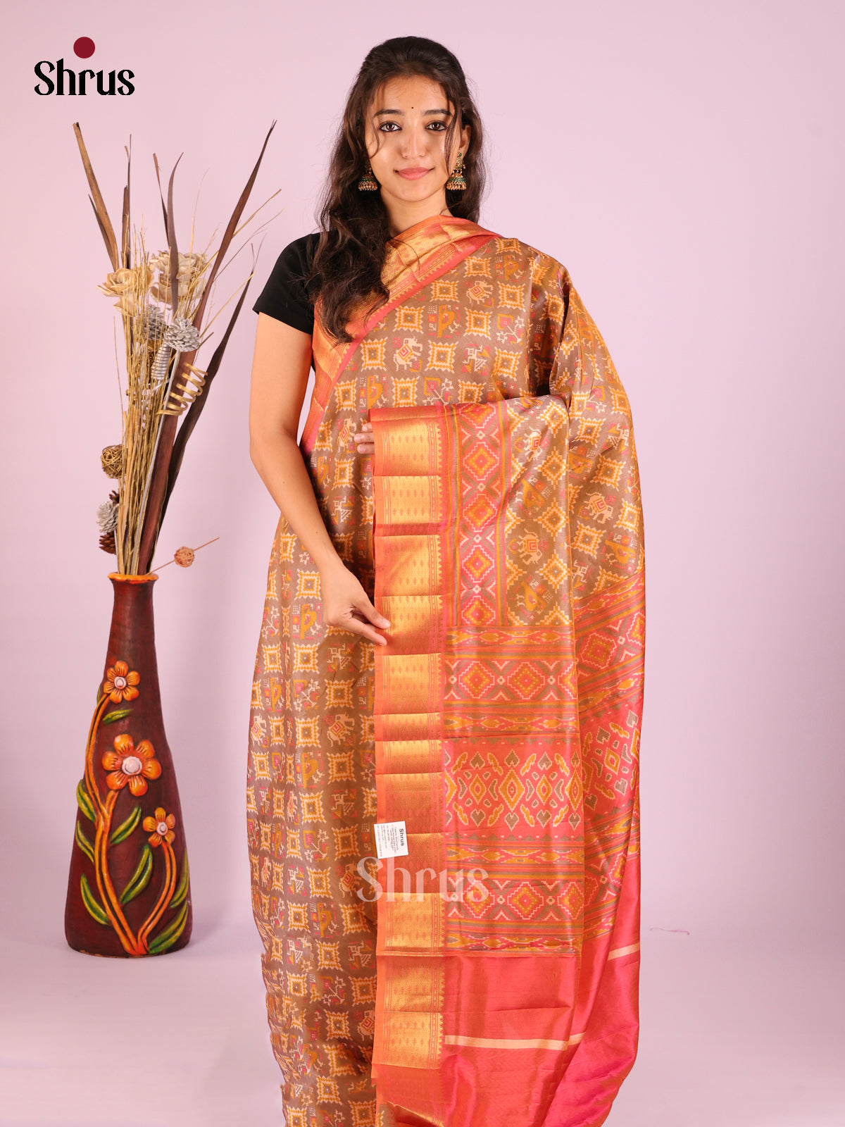 Brown & Orangish Pink - Semi Patola Saree