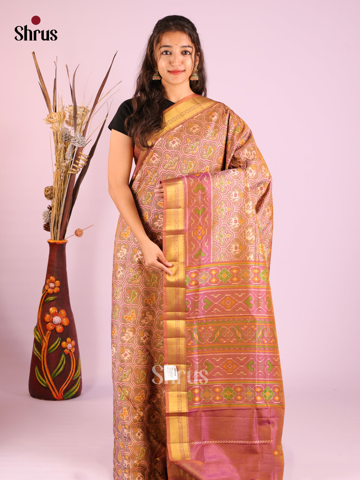 Beige & Purple- Semi Patola Saree