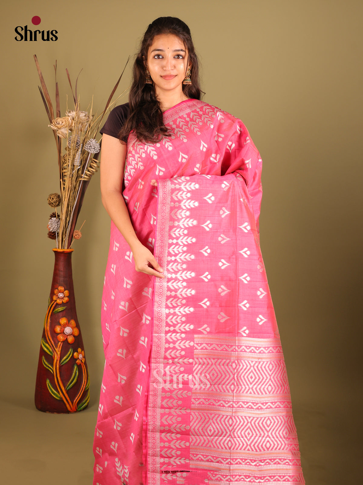 Pink - Semi Rawsilk Saree