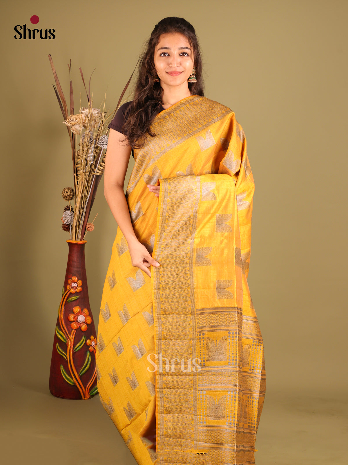 Yellow- Semi Rawsilk Saree