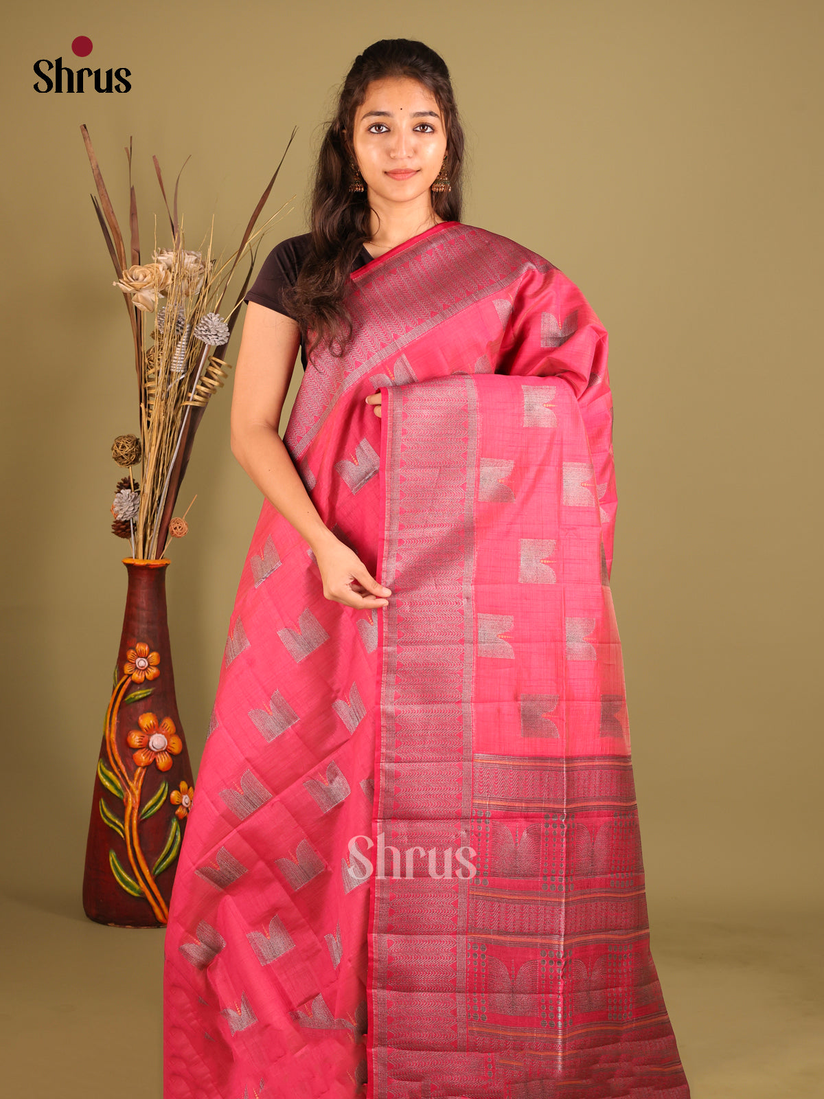 Reddish Pink - Semi Rawsilk Saree