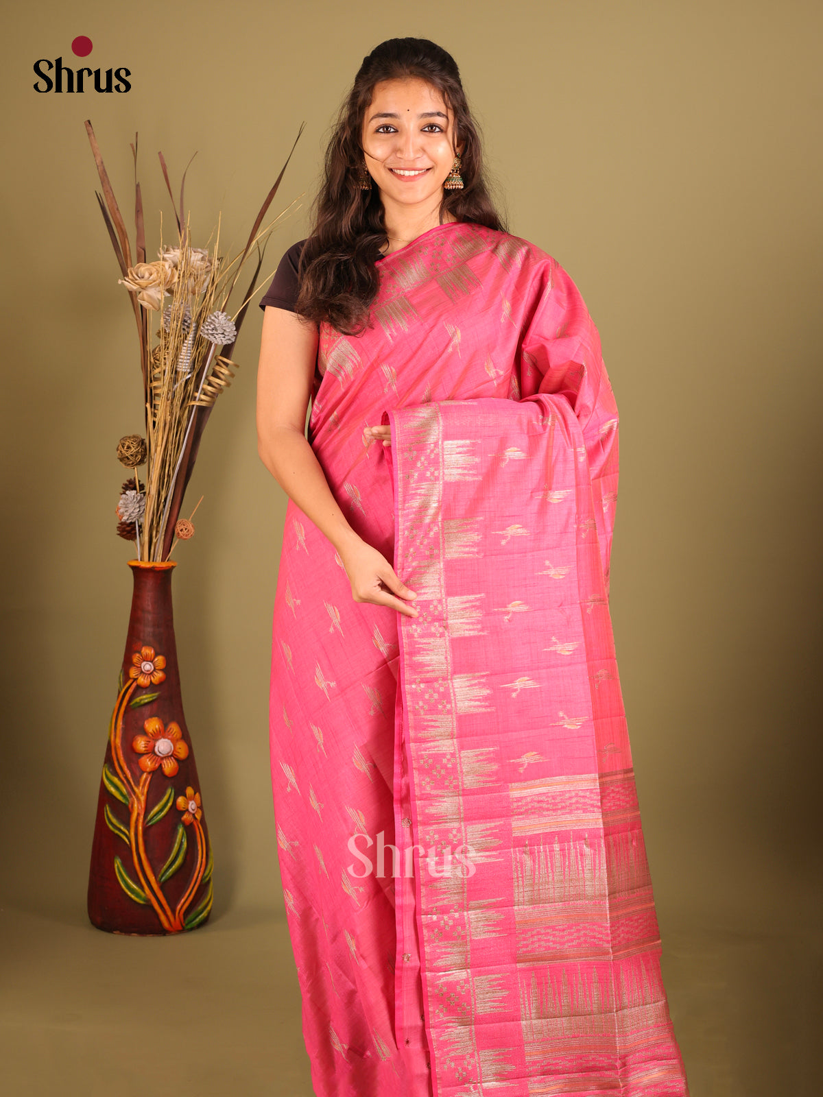 Pink - Semi Rawsilk Saree