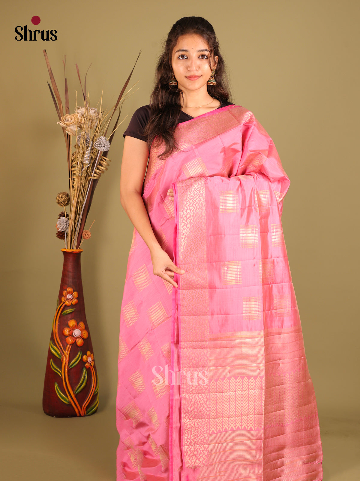 Pink - Semi Rawsilk Saree