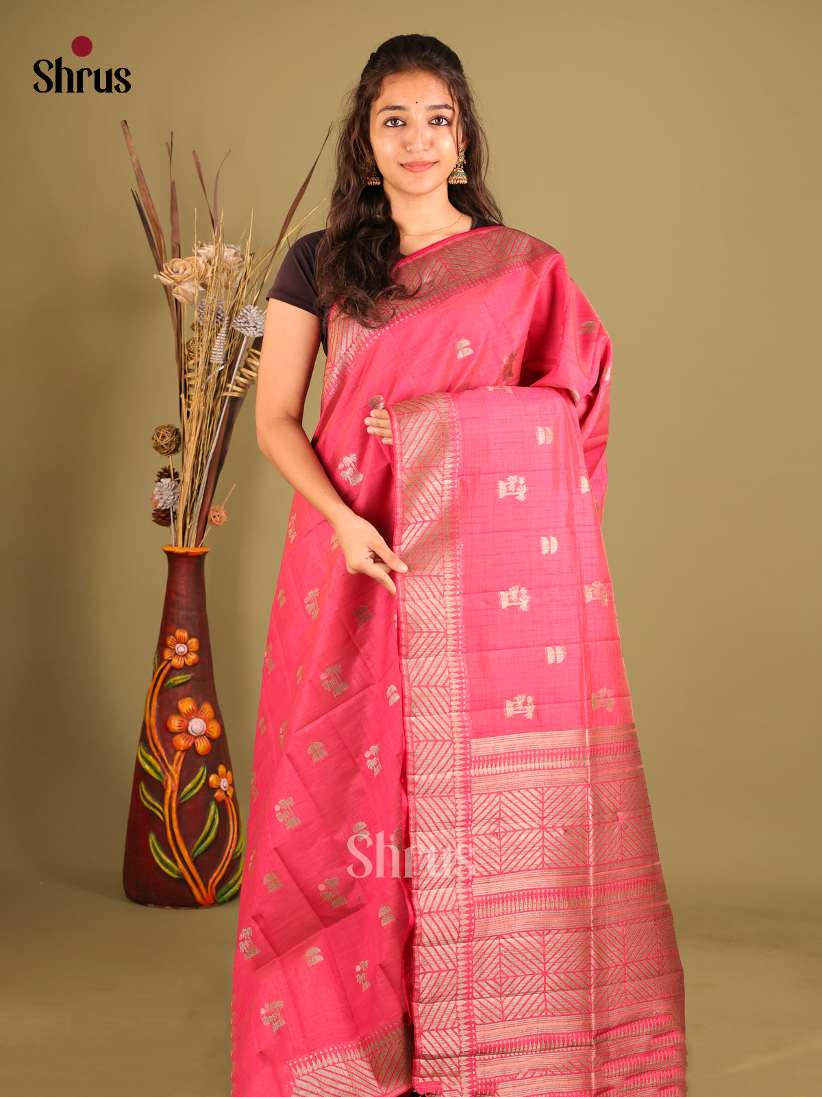 Pink - Semi Rawsilk Saree