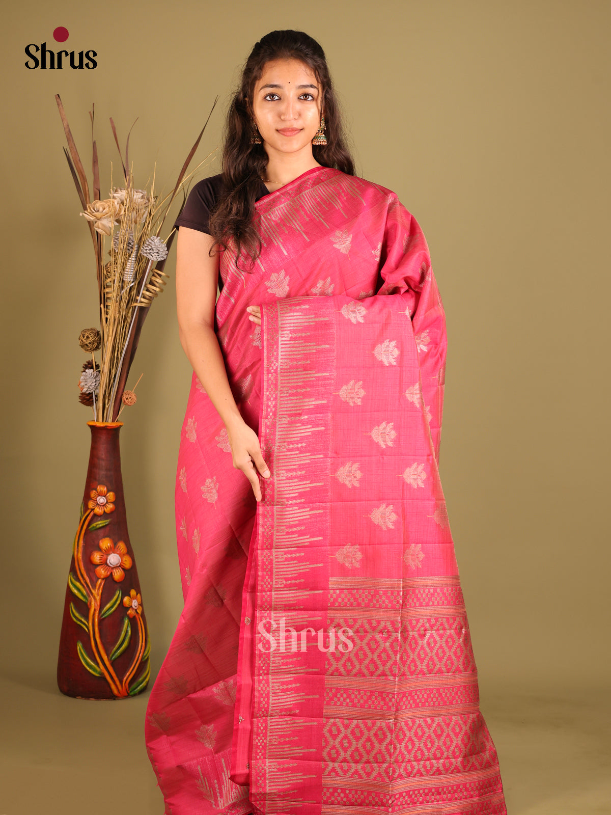 Pink - Semi Rawsilk Saree