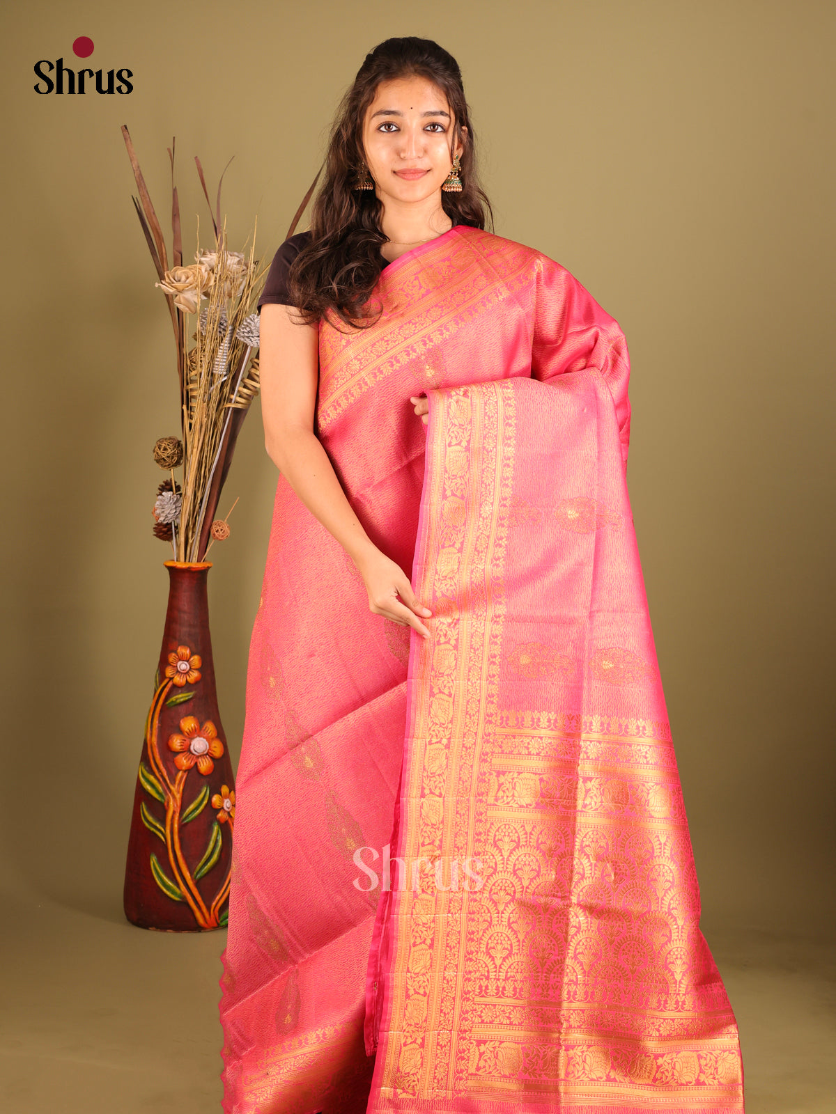 Pink - Bamboo silk Saree