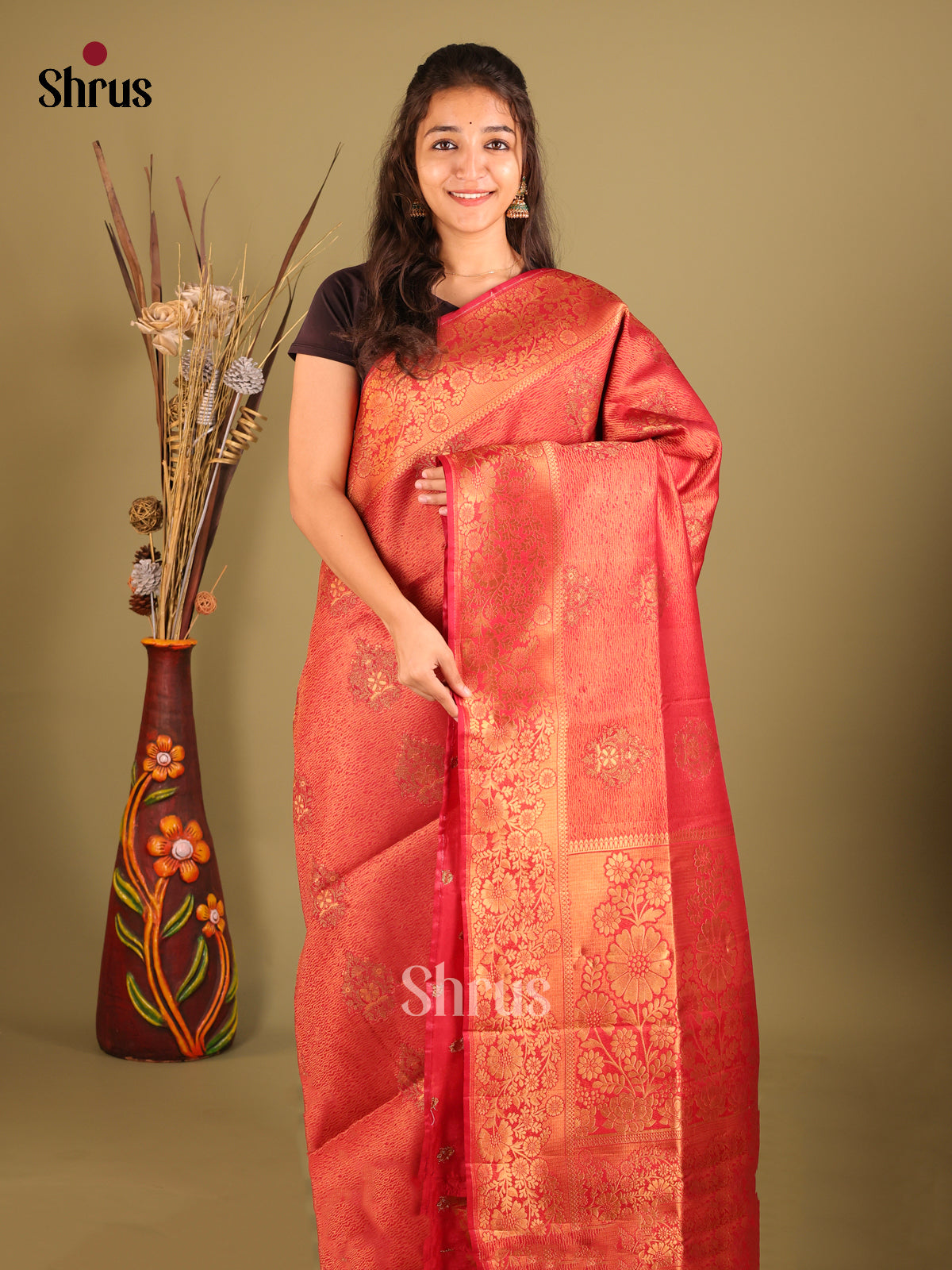 Red - Bamboo silk Saree