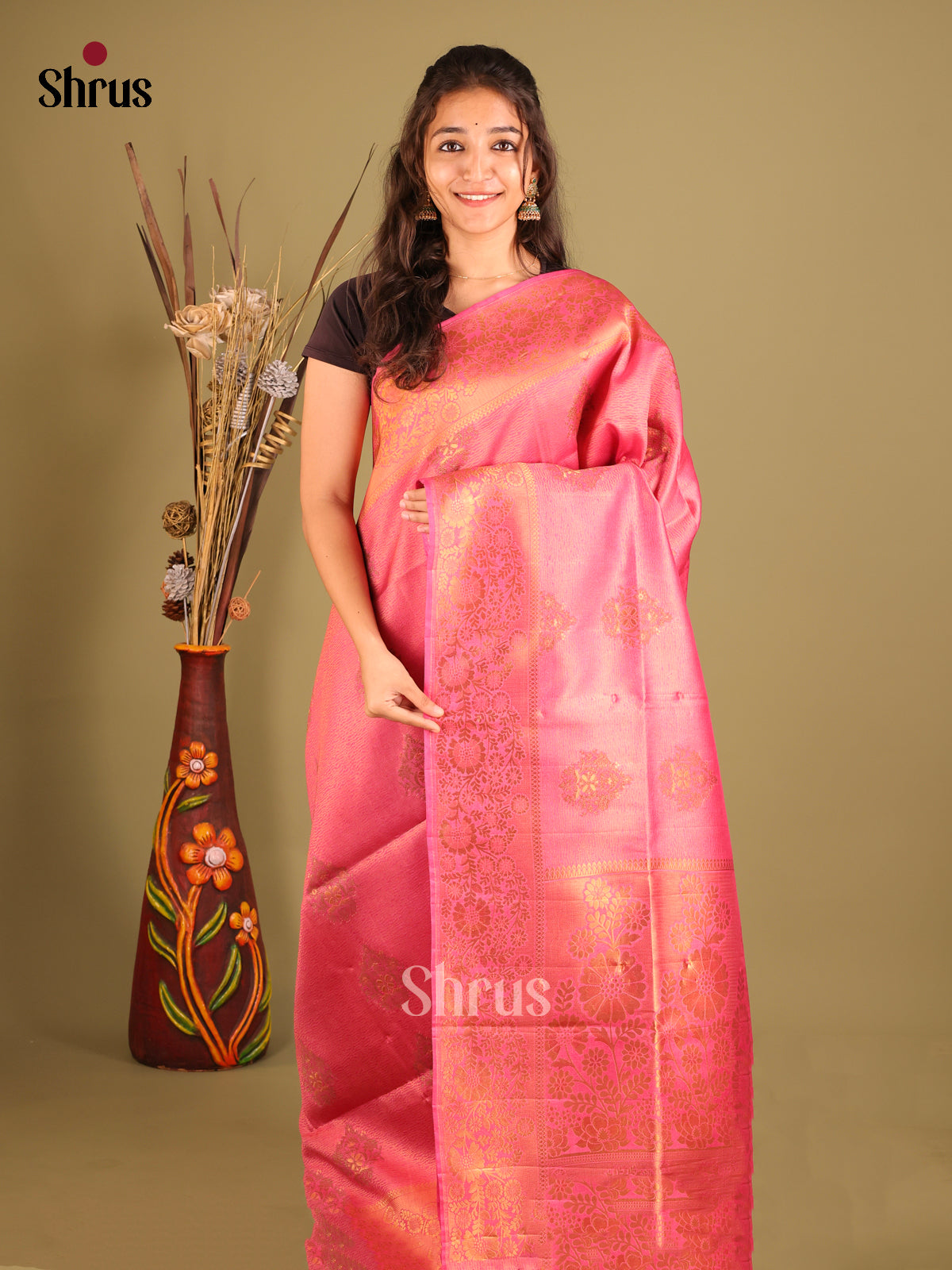 Pink - Bamboo silk Saree