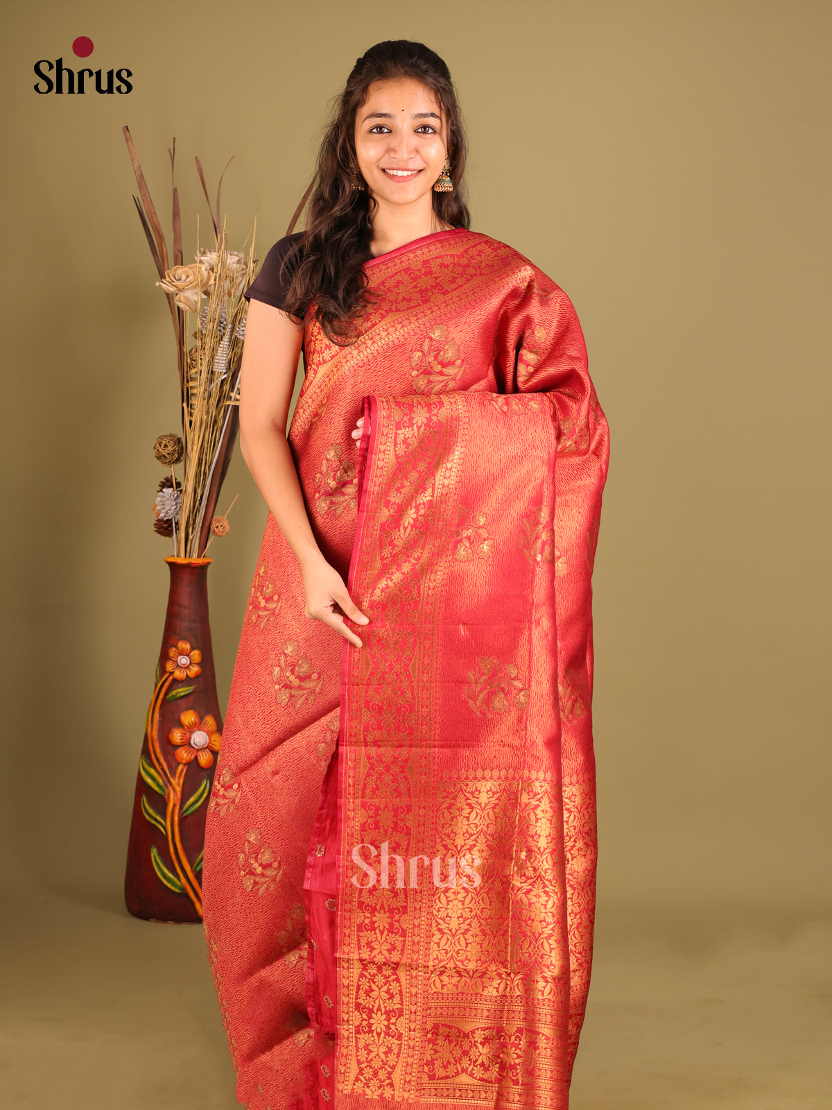 Red - Bamboo silk Saree