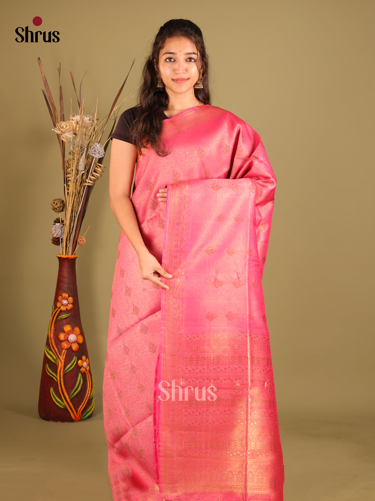 Pink - Bamboo silk Saree