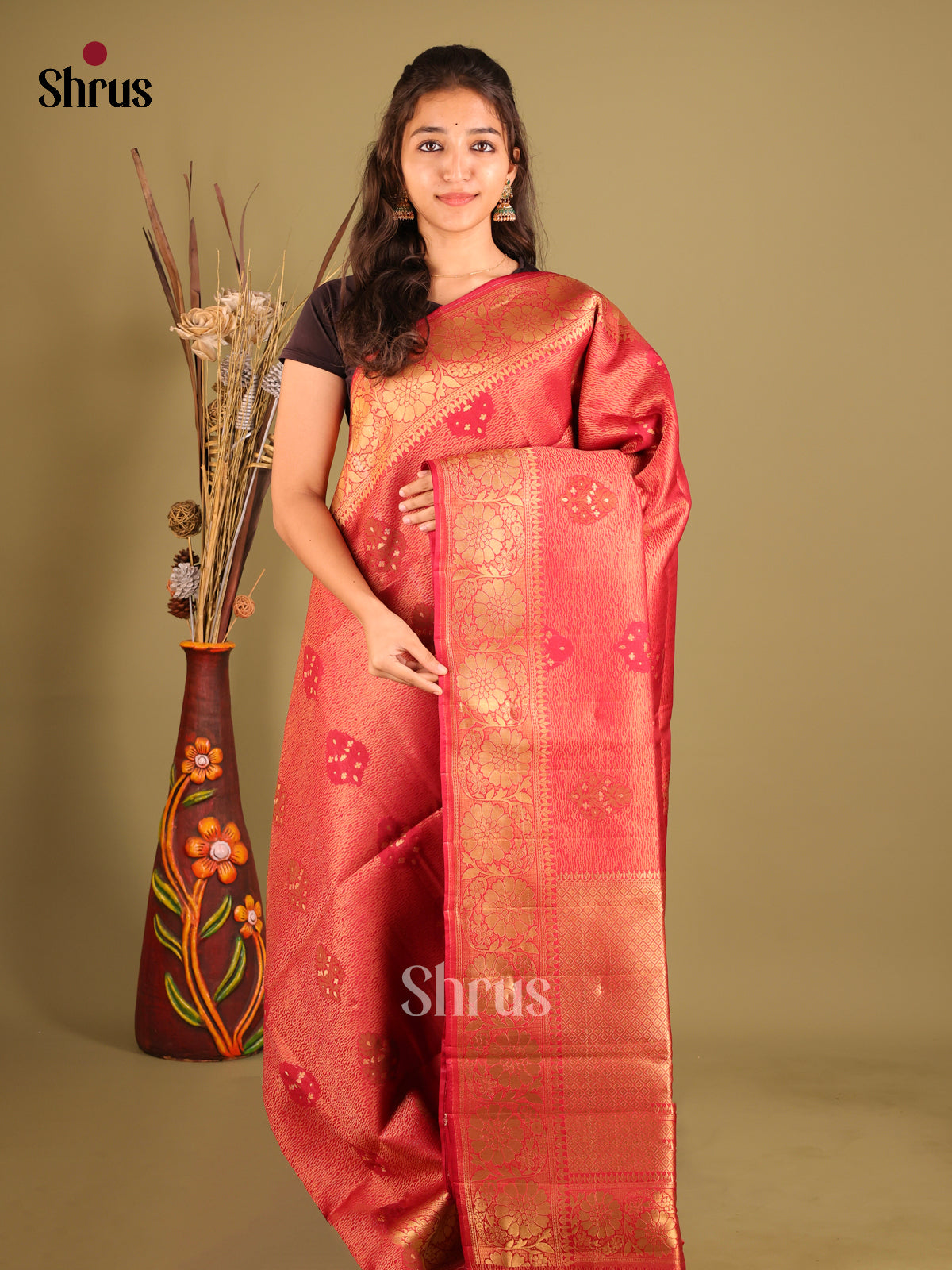Red - Bamboo silk Saree