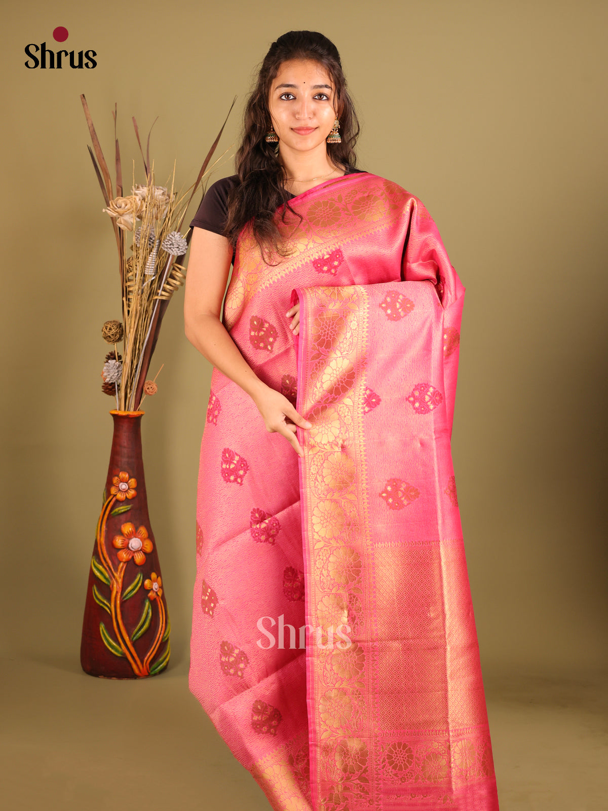Pink - Bamboo silk Saree