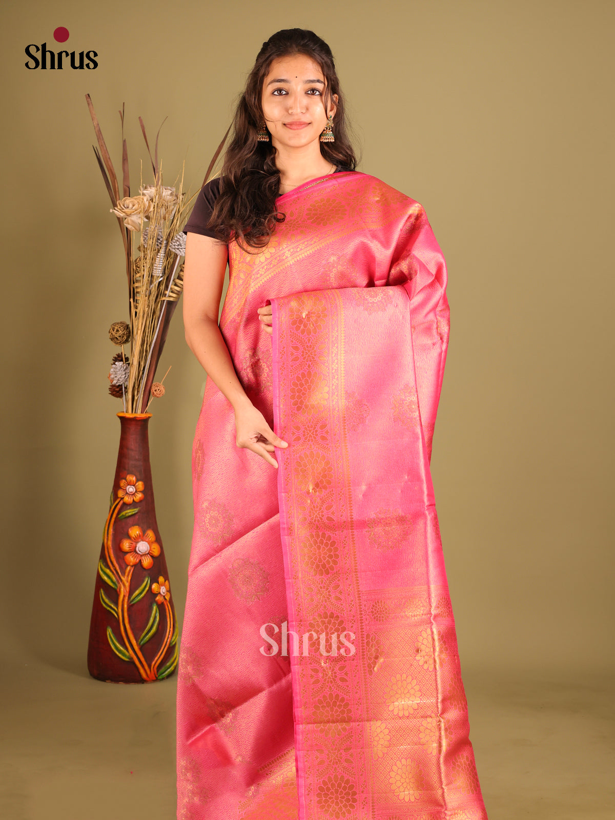 Pink - Bamboo silk Saree