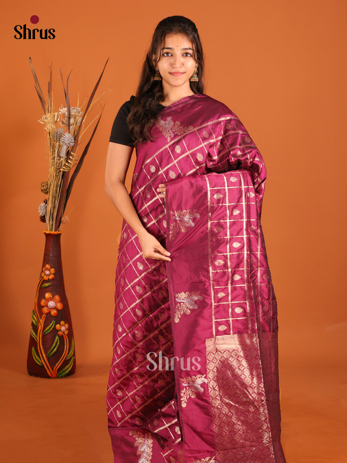 Wine - Semi Softsilk Saree - Shop on Shrus.com