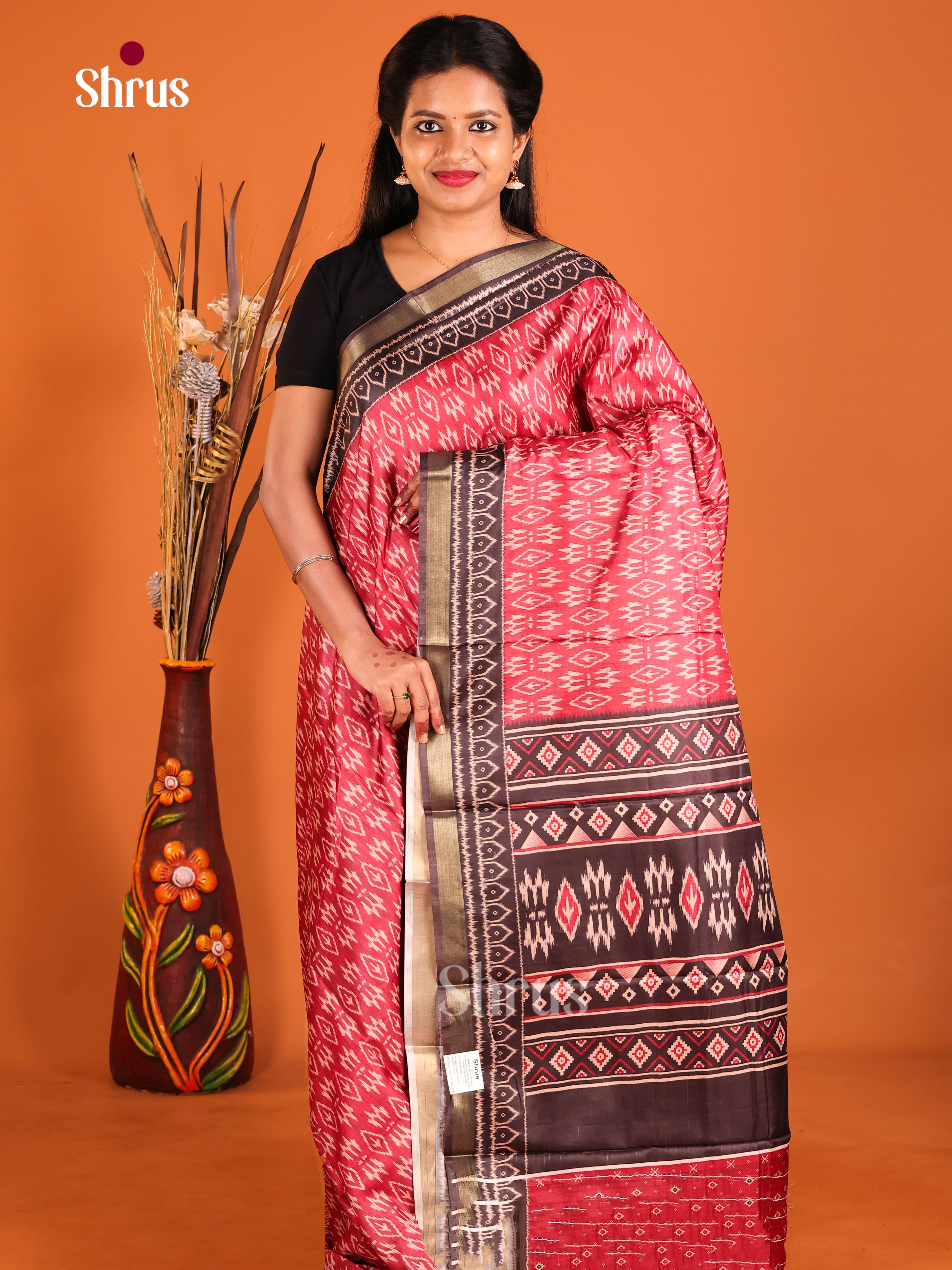 Red & Brown - Semi Crepe Saree