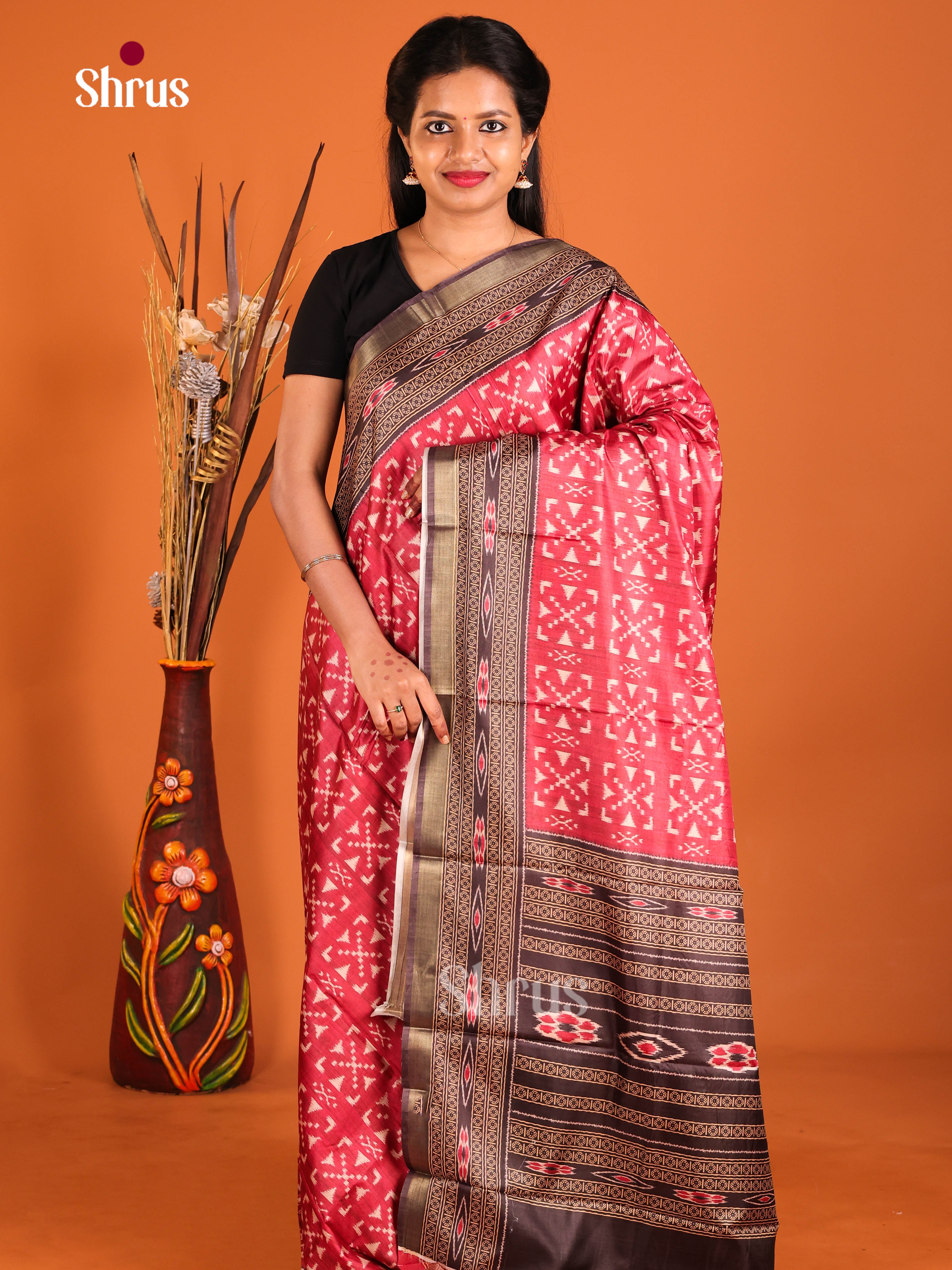 Red & Brown- Semi Crepe Saree