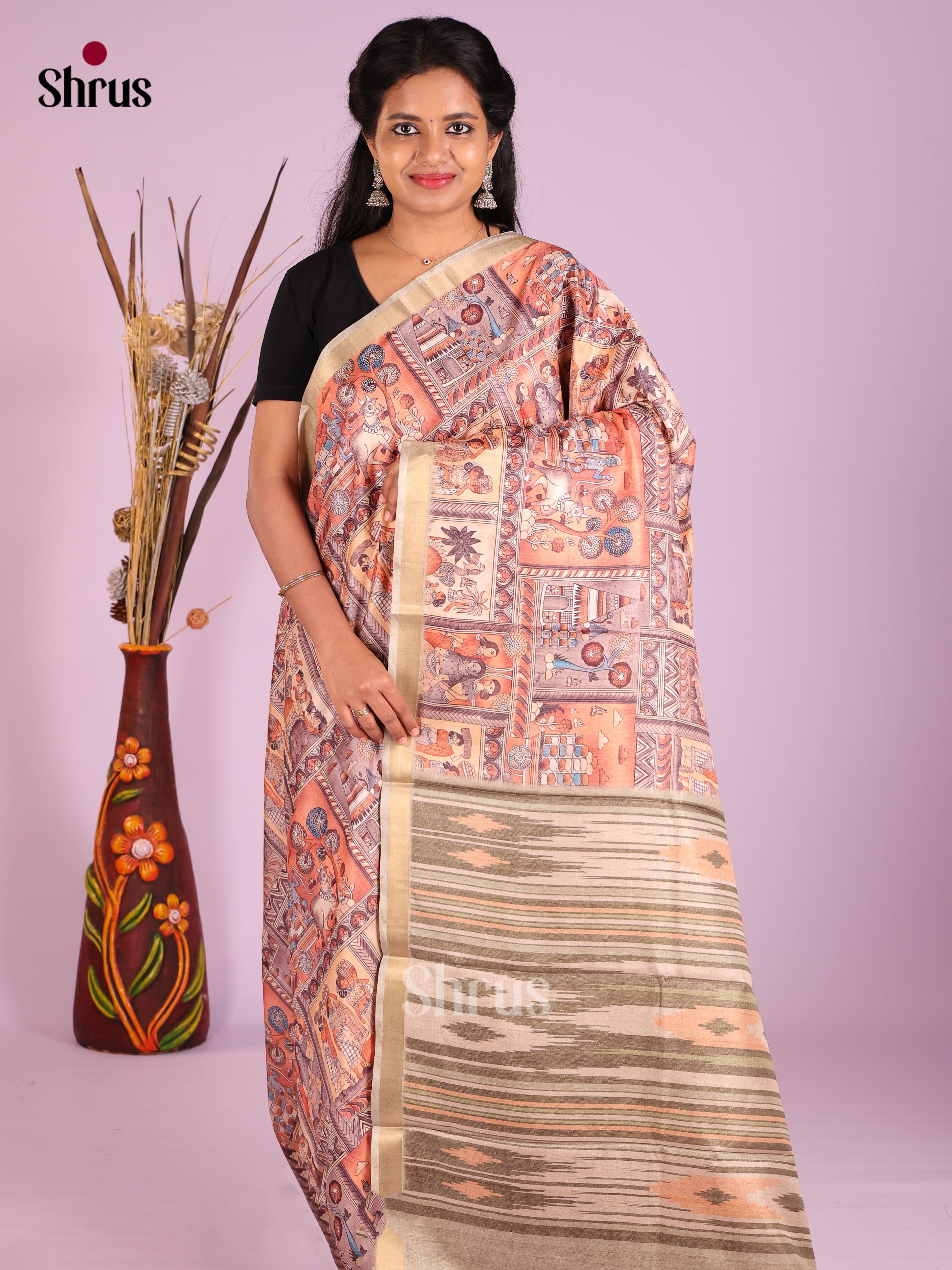 Peach & Grey - Semi Crepe Saree - Shop on Shrus.com