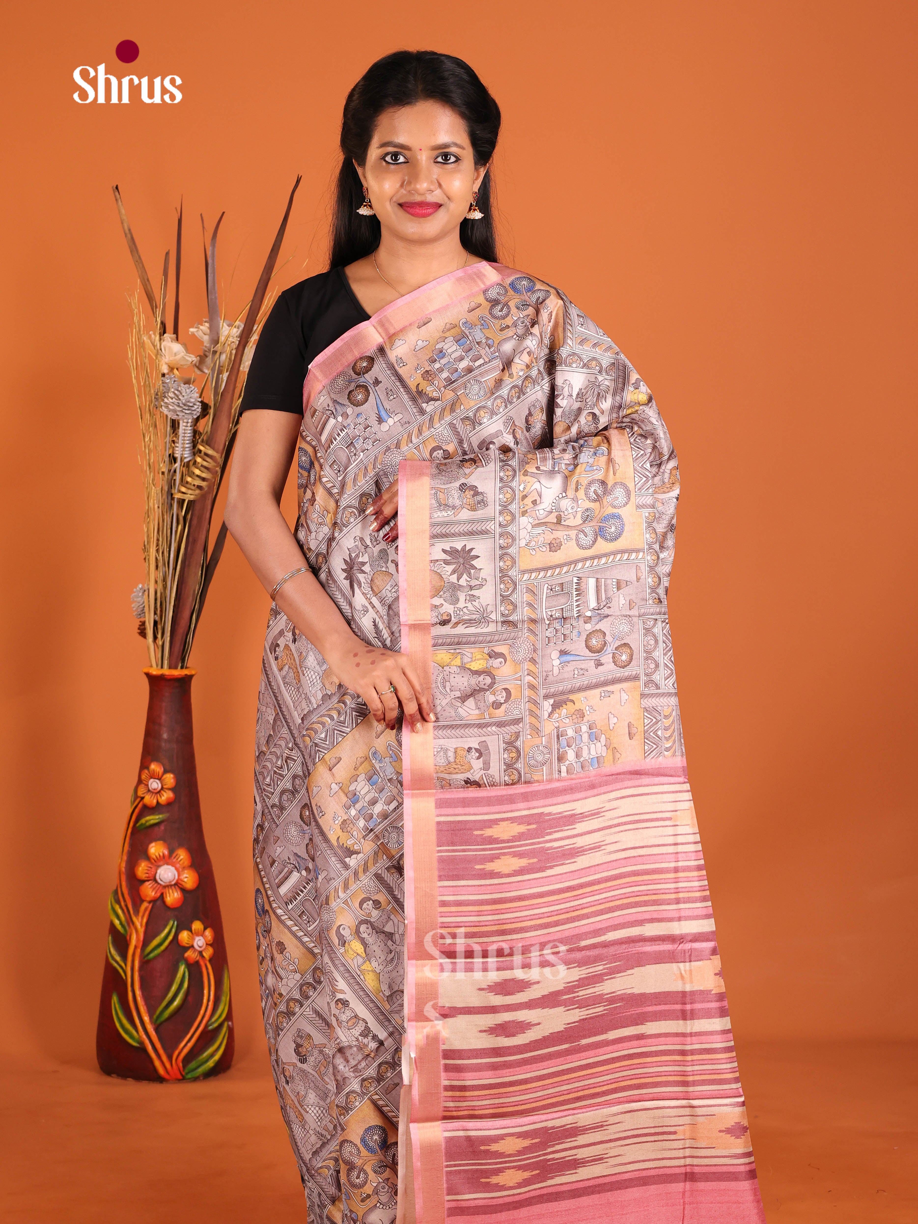 Grey & Pink - Semi Crepe Saree - Shop on Shrus.com